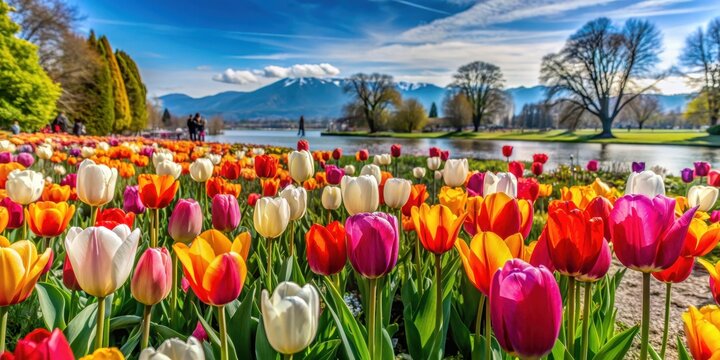 Exposition of colorful tulips in bloom in Morges, Switzerland, tulips, flowers, spring, garden, vibrant, colorful, blooming