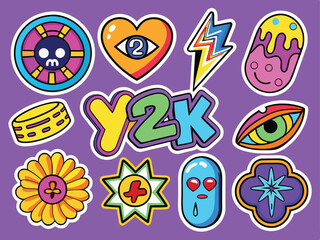 Set Of Cool Y2k Stickers Vector Design. Collection Of Groovy Patches. Pop Art Illustration. Cute Comic Funny Badges. Psychedelic Trippy Signs.