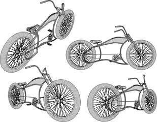 Vector sketch illustration silhouette design image of modern classic vintage ethnic modified bicycle with big wheels