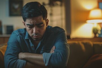 Obraz premium Sad depressed Latino man sitting in his living room, depression and loneliness, mental health concept. Horizontal (3:2)