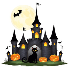 A charming digital painting with a Halloween theme, featuring mysterious castles, full moons, pumpkins, black cats, bats, ghosts, and skeletons. Perfectly capturing the festive mood, this artwork is i