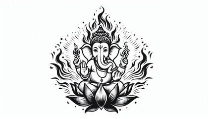 Hindu God Ganesh or Ganesha idol logo tattoo in black and white with lotus flower
