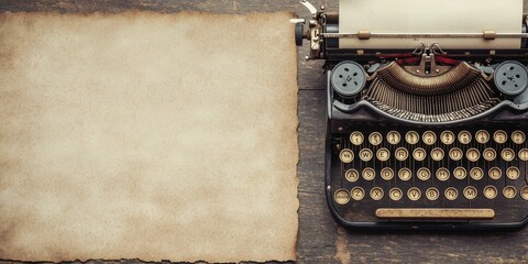 Vintage Typewriter with Blank Paper on Wooden Table
