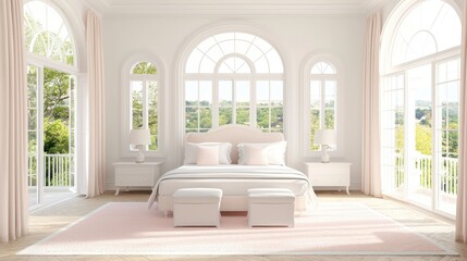 White Bedroom Interior Design with Arched Windows and Pink Rug