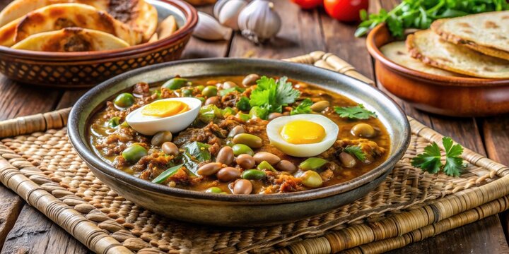 Traditional Sudanese breakfast dish of Ful Madames with seasoned fava beans, served with bread and eggs