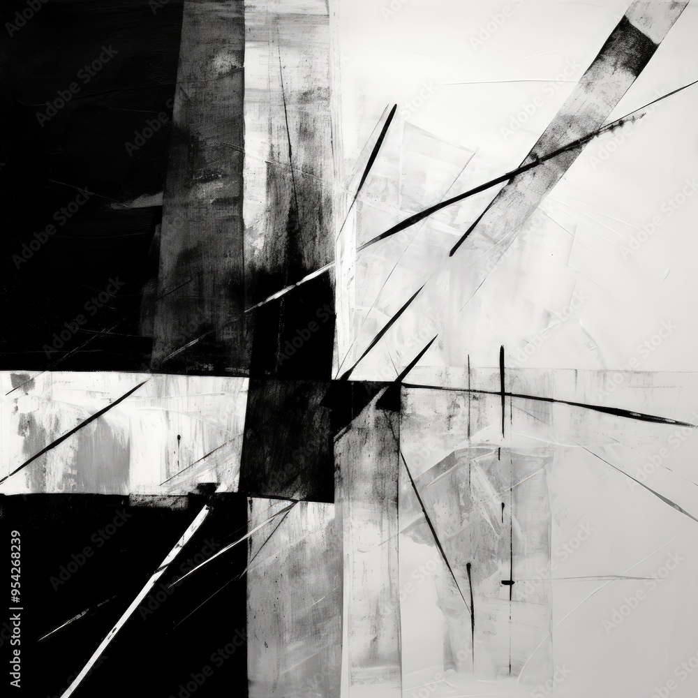 Poster abstract black and white composition with dynamic lines and shapes.