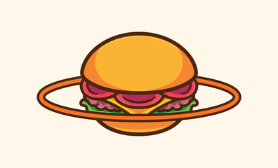 Planet Burger with a ring orbit, vector cartoon illustration template for a hamburger restauran