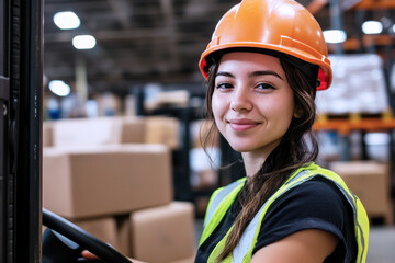 Canadian worker in safety uniform driving forklift at warehouse