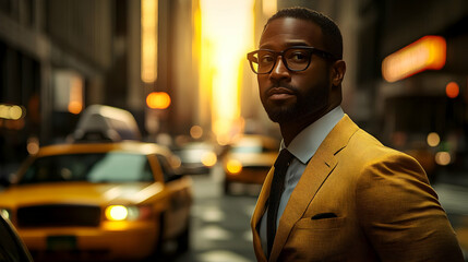 Stylish man in a yellow suit stands on a city street.