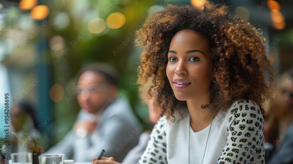 Wall mural Leading the Discussion: Young Businesswoman in a Meeting with Colleagues