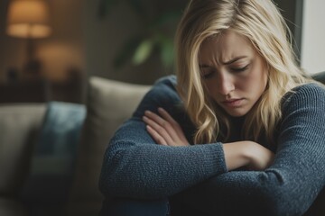 Obraz premium Sad depressed blonde woman sitting in her living room, depression and loneliness, mental health concept. Horizontal (3:2)