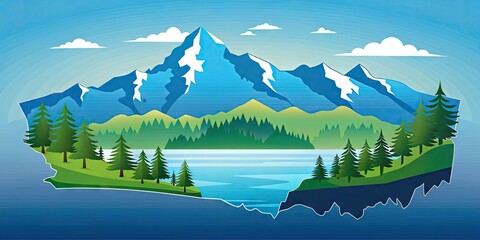 Naklejka premium Stylized illustration of Washington State's outline, featuring iconic mountains, Puget Sound, and Columbia River, set against a bright blue background with subtle gradient effect.