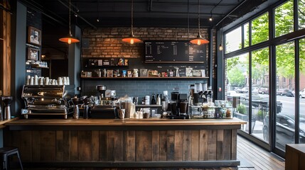 A warm-toned coffee shop with rustic industrial design and fair-trade options