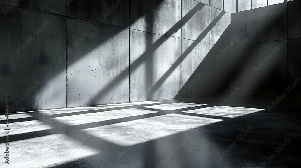 Poster sunlight streams through a window in a modern concrete room, casting long shadows across the floor.