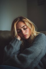 Sad depressed blonde woman sitting in her living room, depression and loneliness, mental health concept. Vertical (2:3)
