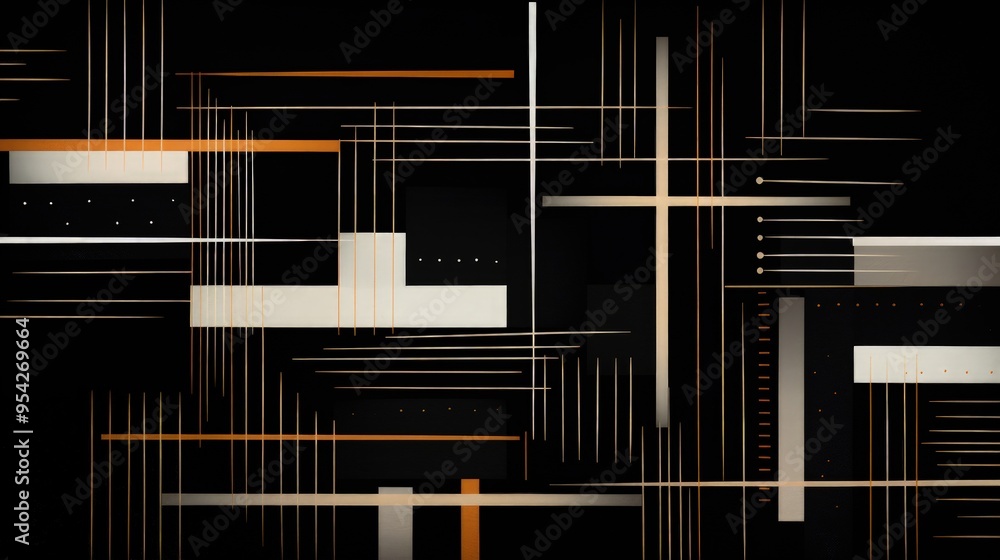 Poster abstract geometric design with lines and shapes in contrasting colors on a dark background.