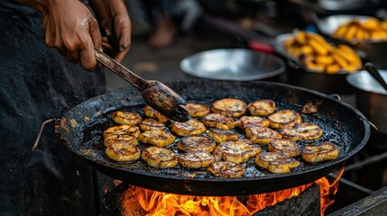Naklejka premium Close Up of Banana Fritters Cooking Over Open Fire