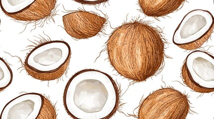 A seamless pattern illustration featuring whole and halved coconuts, showing both the brown husk and the white flesh