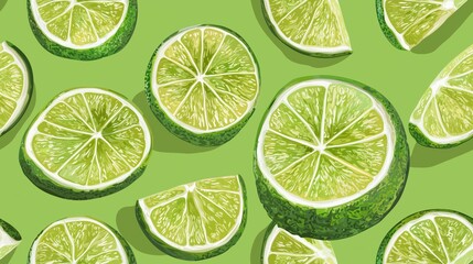 Fototapeta premium A seamless pattern of lime slices with vibrant green skin and juicy interiors