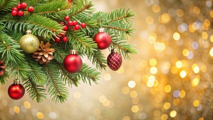 Pine tree branch adorned with festive Christmas decorations, Christmas, decorations, ornaments, holiday, festive, pine tree, branch