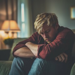 Obraz premium Sad depressed blond man sitting in his living room, depression and loneliness, mental health concept. Square photography