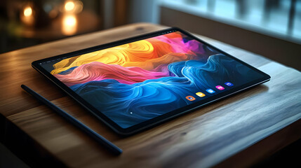 Tablet with stylus and abstract colorful design on the screen, sitting on a wooden table.