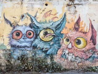 whimsical street art mural pastelcolored fantasy creatures urban decay backdrop