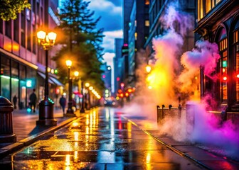 Obraz premium Sultry summer evening atmosphere with a blurred cityscape background, illuminated by vibrant neon lights and steam rising from the sidewalk.