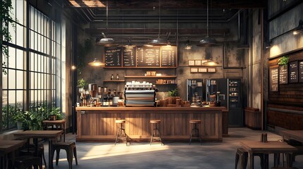 A rustic industrial coffee shop with warm tones and 3D-rendered coffee beans