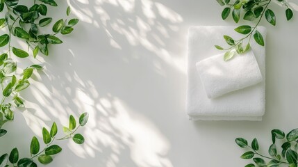 The arrangement of white towels and green plants on a white surface, with minimalist design and delicate texture, is very suitable for modern lifestyle and home decoration themes.