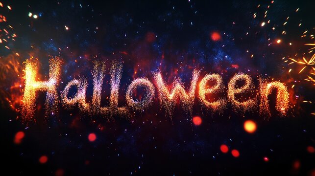 attaractive shot of "Halloween" spelled out using a mesmerizing, glitter-infused font that shimmers and dances across the night sky,. - Powered by Adobe
