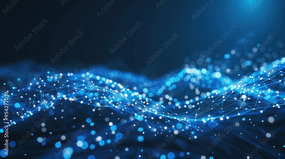 Poster abstract digital wave with glowing blue particles and interconnected lines.