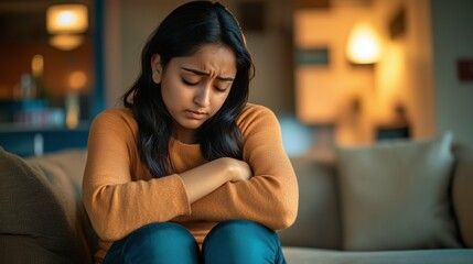 Sad depressed Indian woman sitting in her living room, depression and loneliness, mental health concept. Horizontal (16:9)