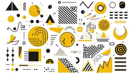 A collage of abstract geometric shapes and patterns in black and yellow.