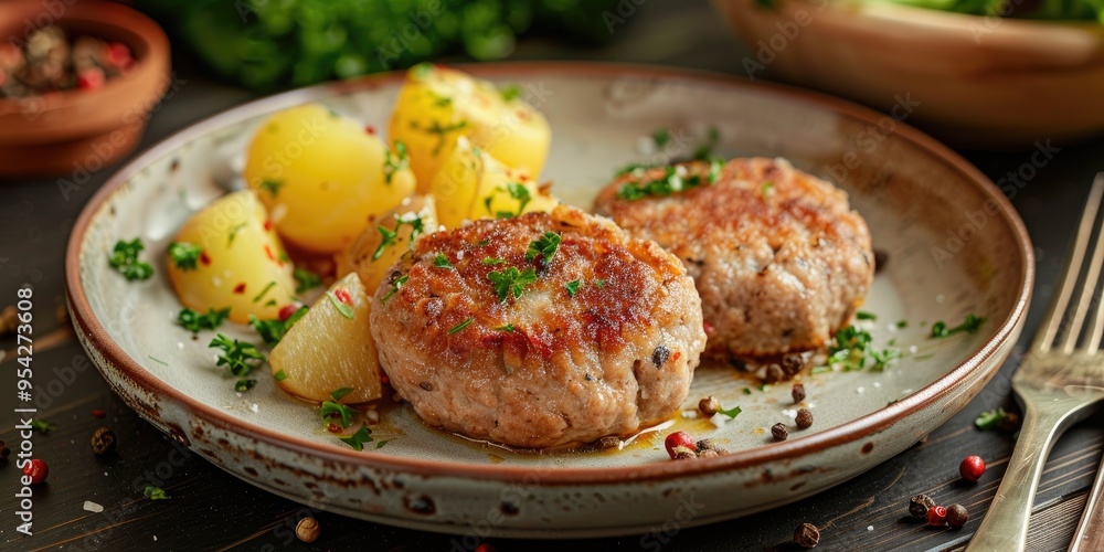 Sticker Minced Meat Cutlet with Boiled Cabbage and Potatoes Shallow Depth of Field