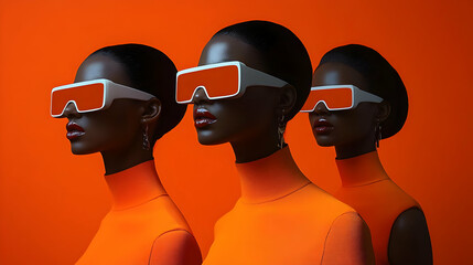 Fototapeta premium Three stylish black women wearing orange clothing and futuristic sunglasses against an orange background.