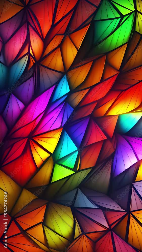 Poster a vibrant abstract animation with colorful geometric patterns illuminated by dynamic lighting