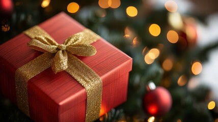 A beautifully wrapped red Christmas gift sits amidst twinkling lights, perfect for holiday celebrations and festive decorations.