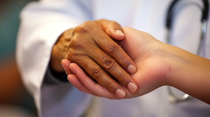 A close-up of a doctor holding a patients hand, providing comfort during a difficult conversation.