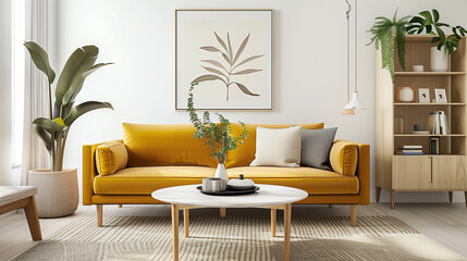Living room with a sunflower yellow sofa, light wood furniture, and white walls.
