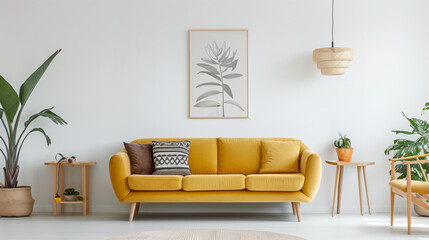 Living room with a sunflower yellow sofa, light wood furniture, and white walls.

