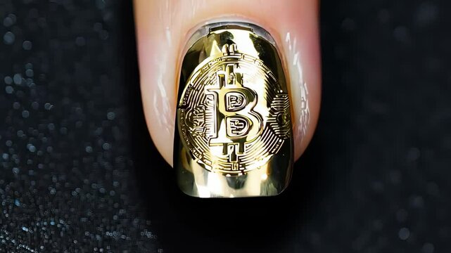4K bitcoin cryptocurrency fashion fingernail art closeup, Crypto finger nail wrap decal in gold metallic foil and intricate detail
