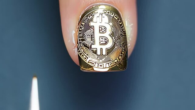 4K extreme close-up of gold bitcoin nail art design, Crypto fashion lifestyle manicure glossy gold metal surface, Unique cryptocurrency ornate style