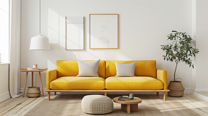 Living room with a sunflower yellow sofa, light wood furniture, and white walls.
