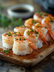 Gourmet Amaebi Nigiri with sweet shrimp on rustic wooden surface