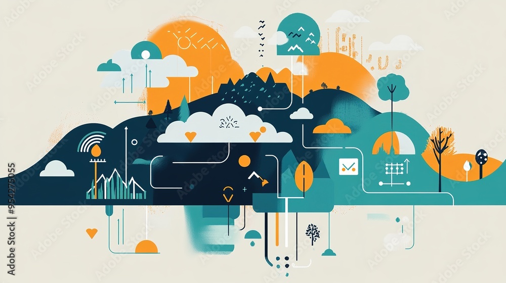 Poster a digital representation of climate change insurance, with icons of weather patterns and coverage op