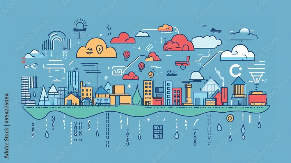 Poster a digital representation of climate change insurance, with icons of weather patterns and coverage op