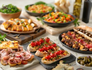 Assorted tapas in beigetoned setting with rustic elements