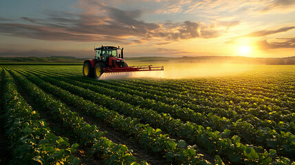 Fototapeta premium Tractor spraying crops in a field at sunset.