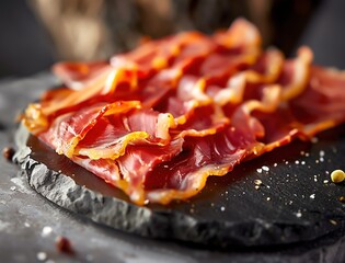 Gourmet Spanish charcuterie, close up Iberian ham with salt crystals